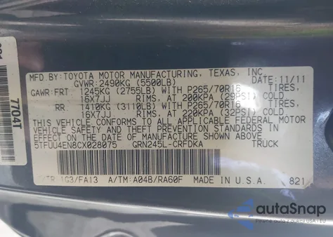 2012 Toyota Tacoma Base V6 z USA, uszkodzony, nr VIN 5TFUU4EN8CX028075